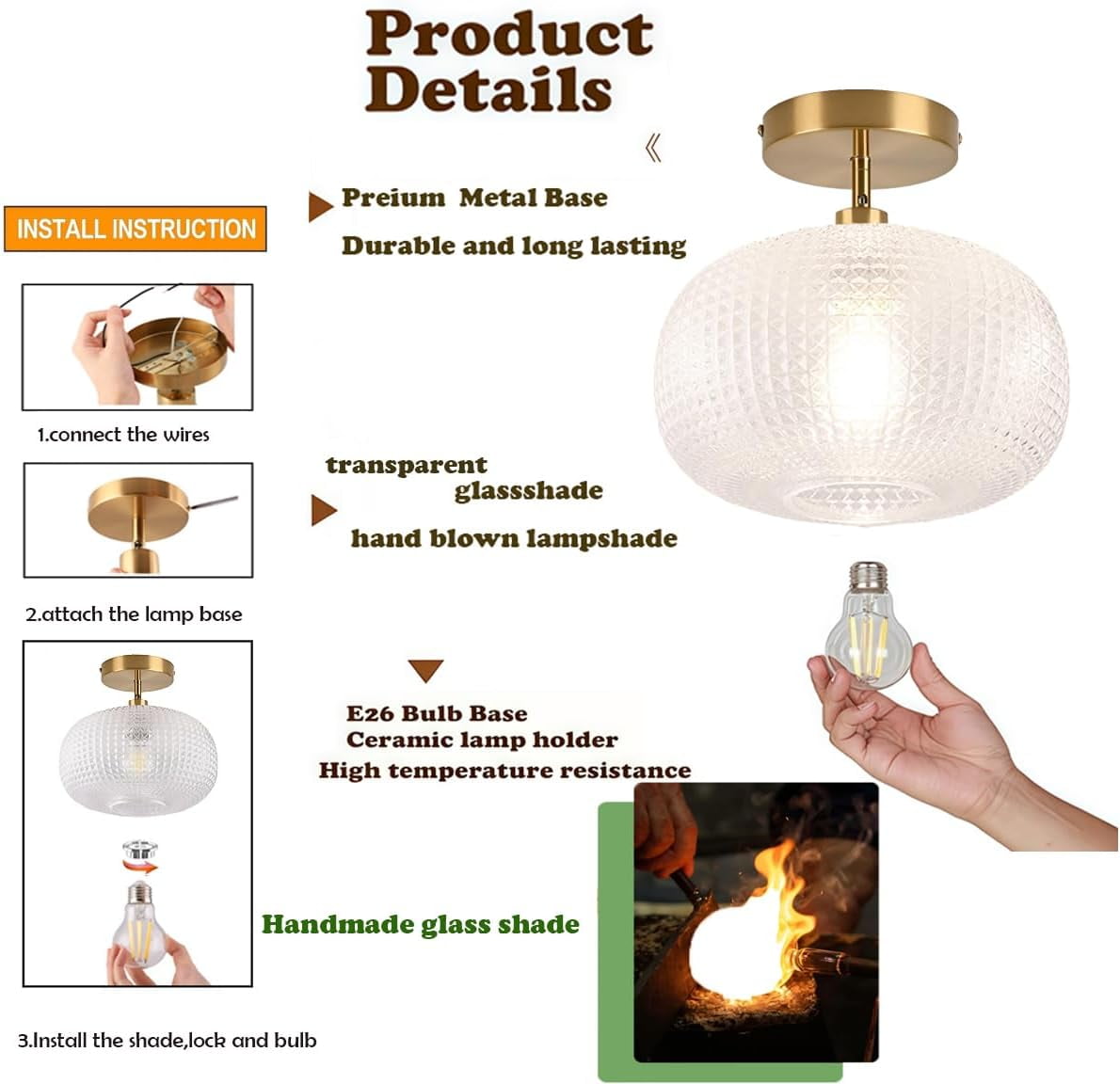 Semi Flush Mount Ceiling Light Fixture,Globe Glass Ceiling Light,Gold Light Fixture,Vintage Ceiling Light for Hallway Bedroom Kitchen Entryway Living Room