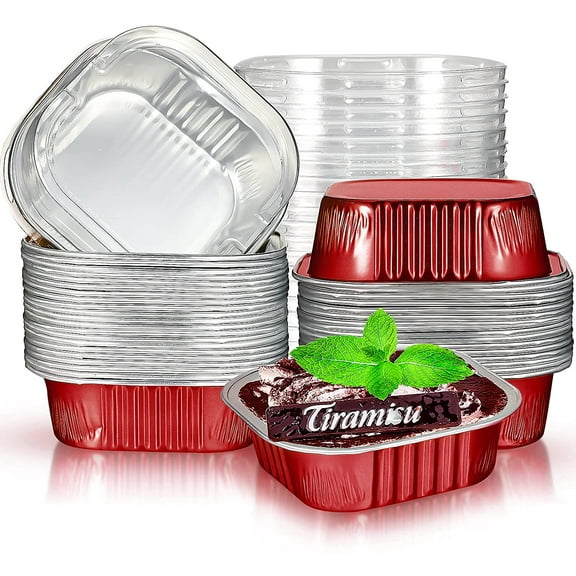 BlinkLLX 40 Sets Square Aluminum Foil Cake Pan 130 ml/ 4.4 Ounces Mini Disposable Dessert Cupcake Cup Pan with Lids Flan Baking Cups for Wedding Birthday Party(Red)