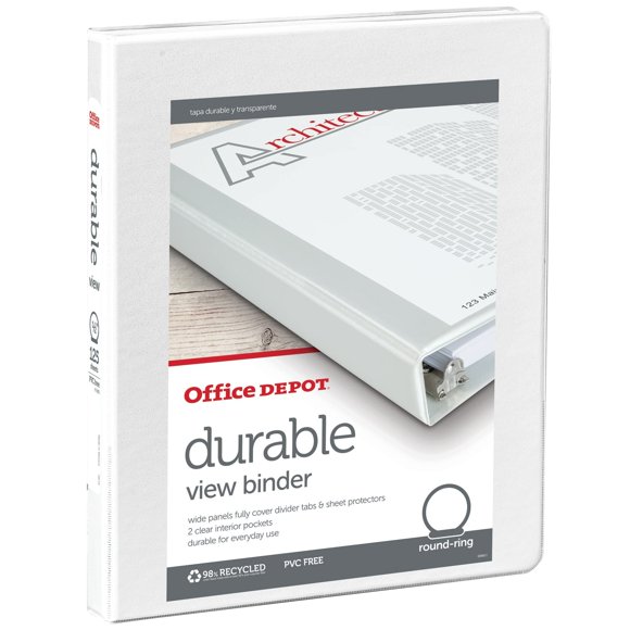 Office Depot Nonstick Round-Ring View Binder 1/2in. Rings 100% Recycled White OD02959