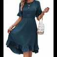 thumbnail image 2 of Vestidos de Mujer de Corta, Cintura Alta, Cuello Redondo, Liso, con Volantes en las Mangas, Azul y Verde L, 2 of 8