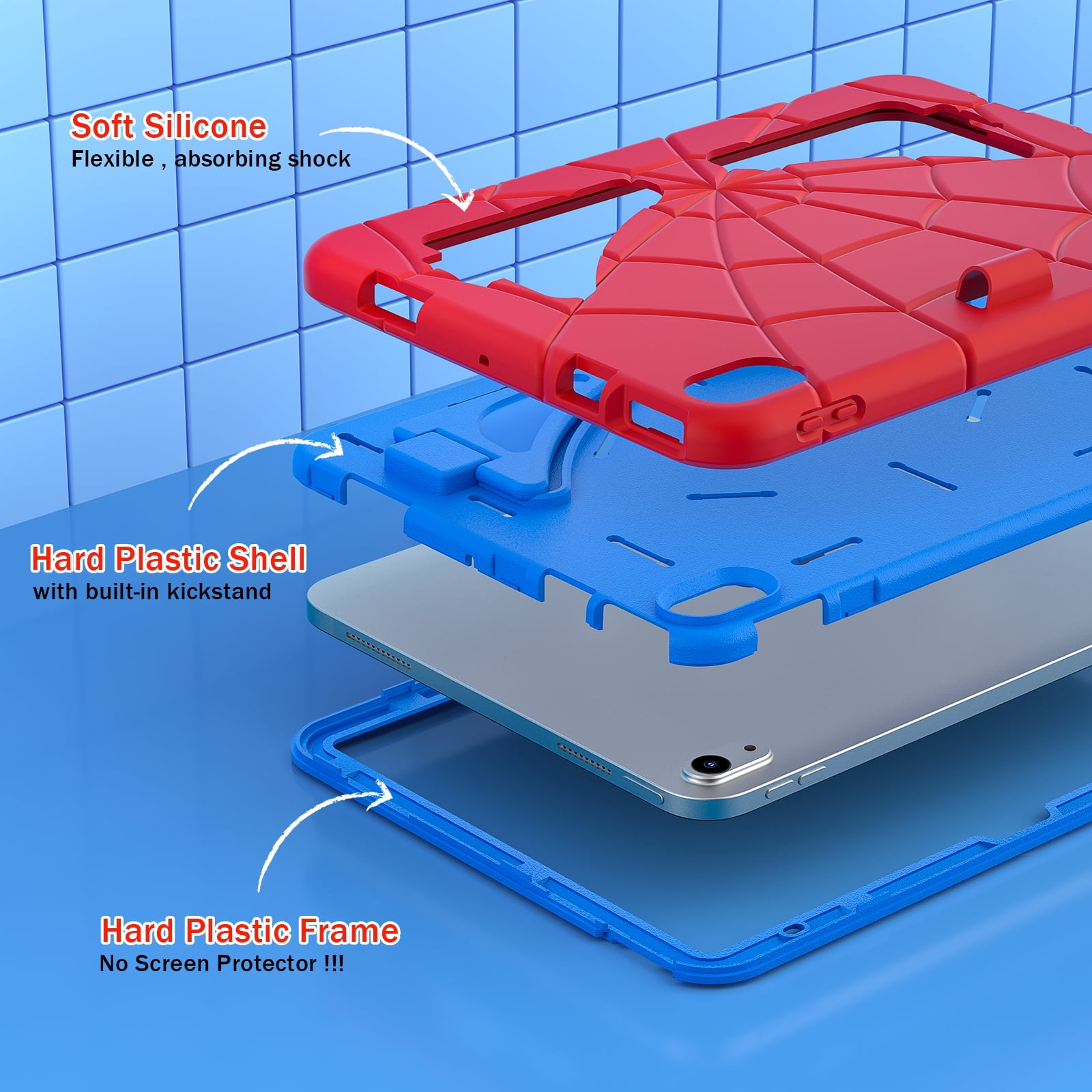 for 2022 10.9 inch iPad 10 th Generation Case with Pencil Holder & Stand, Handle Design Heavy Duty Shockproof Rugged 10.9" 10 Gen Cover for Kids Boy Children, Red+Blue