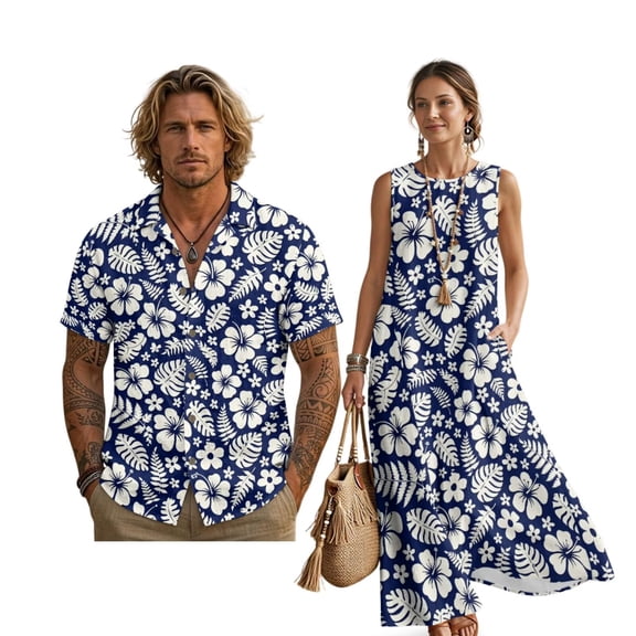 FOR U DESIGNS Tropical Hibiscus Monstera Print Matchable Couple Outfits Hawaiian Button Down Shirt or Sleeveless Sundress with Pockets Fashion Matching Clothes for Beach Parties