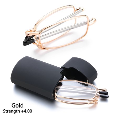 Strength+1.0-4.0 Rotation Alloy Frame Portable Includes Glasses Case Folding Reading Glasses Presbyopia Eyeglasses Telescopic Legs GOLD (STRENGTH 4.00)