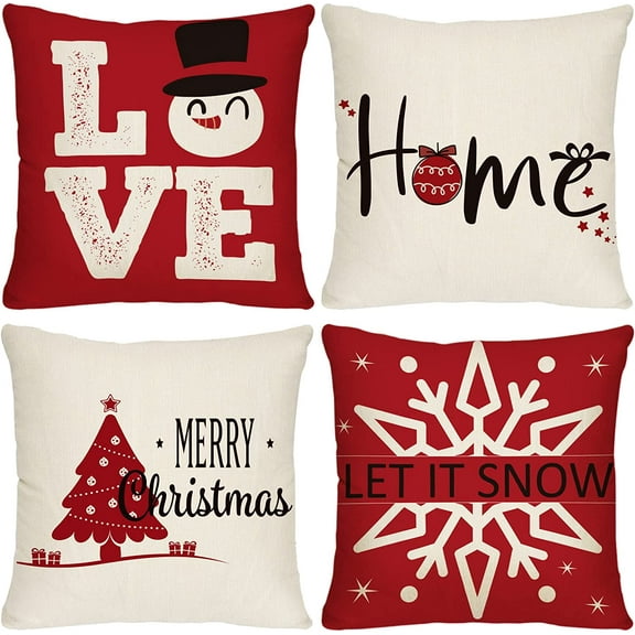Christmas Pillow Covers 18x18, Set of 4 Xmas Throw Pillowcases Printed with Merry Christmas, Love, Let It Snow and Home for Holiday Sofa Farmhouse Cushion Decorations (Red) (Red)