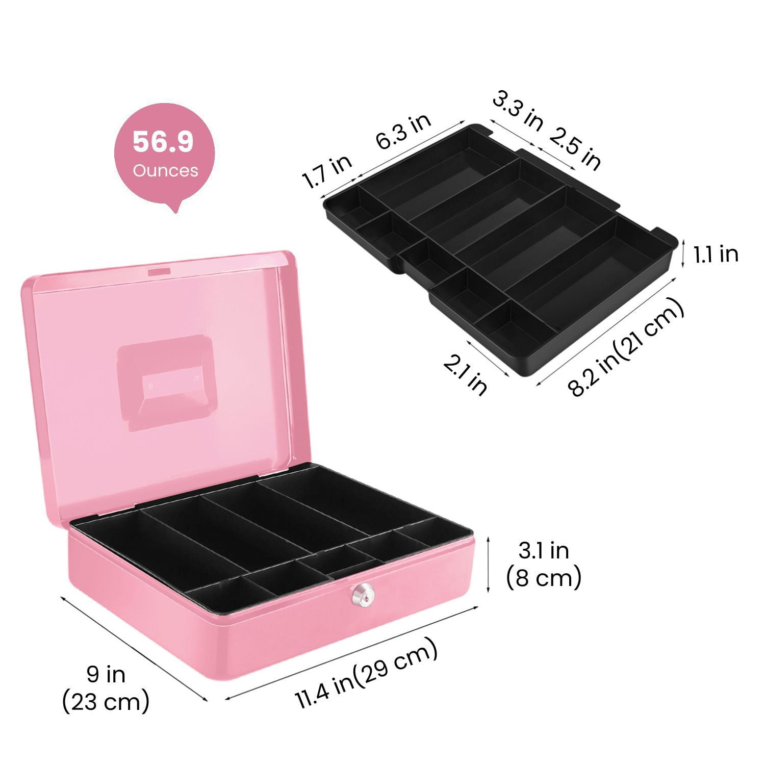 Cash Box with Money Tray, 2 Keys, Pink Security Lock Box with Removable 9 Compartment Tray Steel Construction Cashier Drawer Money Safe Storage for Currency Bill Check Jewelry, Small Portable