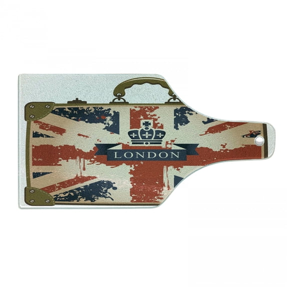 Union Jack Cutting Board, Vintage Travel Suitcase British Flag London Ribbon and Crown Image, Decorative Tempered Glass Cutting and Serving Board, Wine Bottle Shape, Dark Blue Red Brown, by Ambesonne