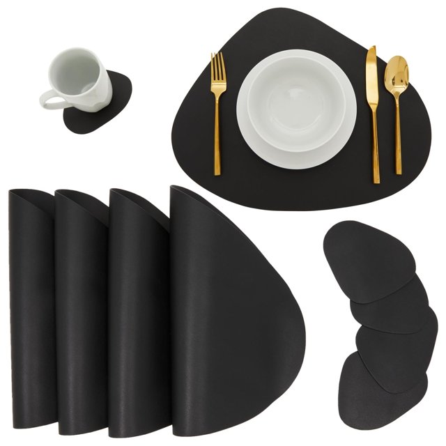 Juego de manteles individuales con forma de cuña y posavasos Juvale de piel sintética negra, 4 unida