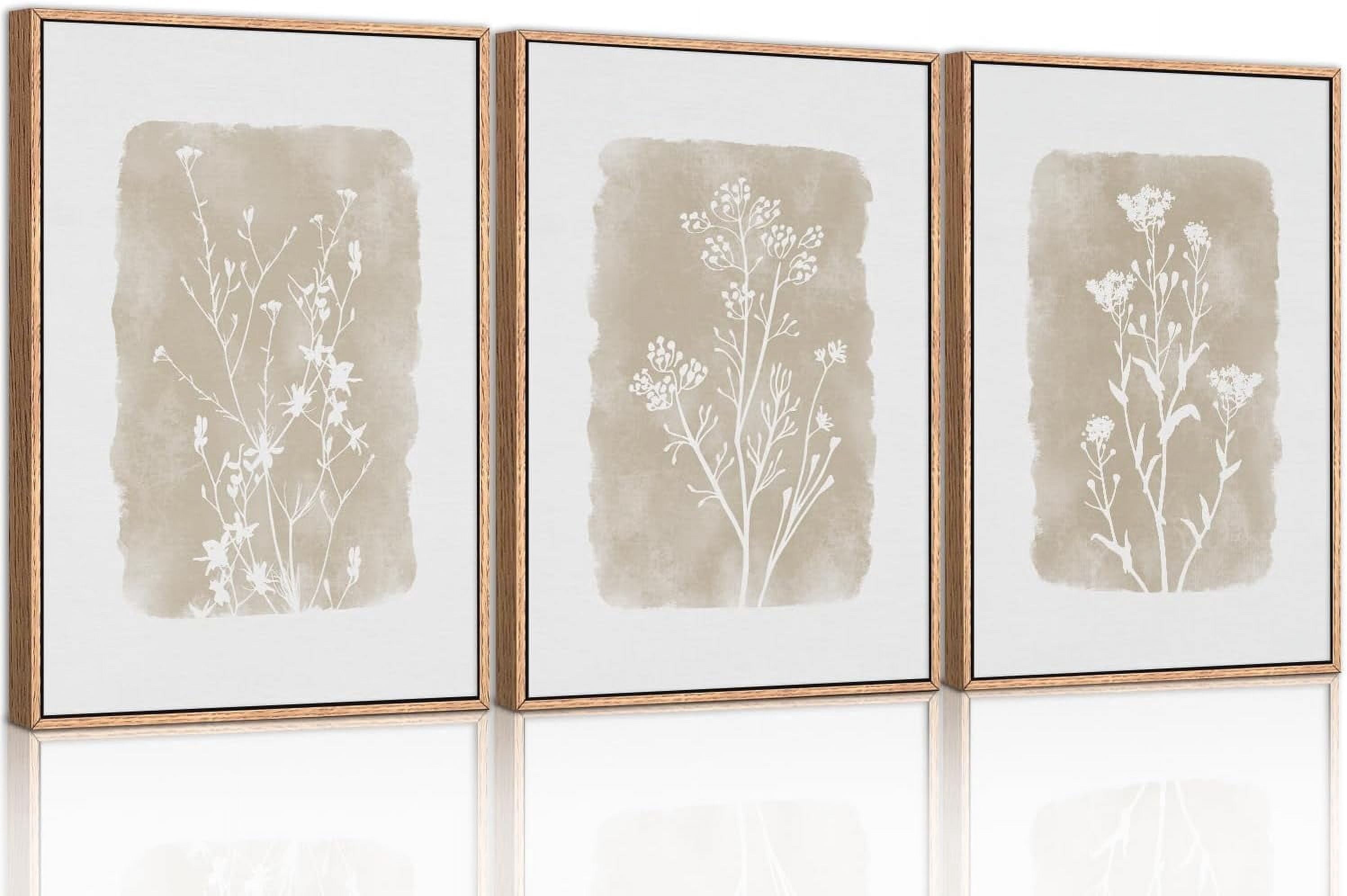 Botanical Farmhouse Wall Art Set, Framed Boho Plant Wall Decor, Neutral Minimalist Floral Wall Painting, Rustic Wildflower Canvas Art Prints for Living Room, Bedroom, Bathroom - Large 16"x24"x3