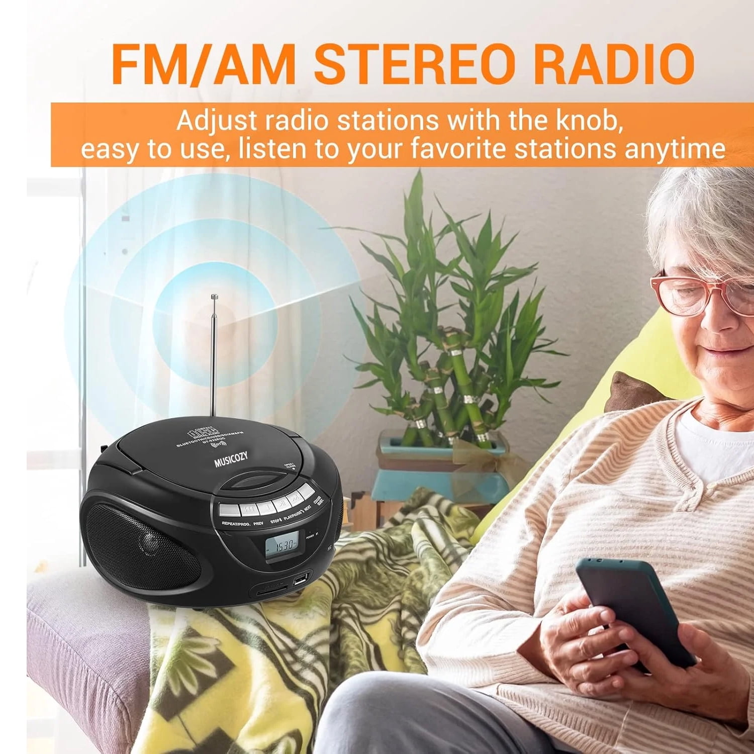 Portable CD Player Boombox with AM/FM Stereo Radio,Bluetooth Speaker Players,Support CD/USB/SD/BT/AUX,Clear and Full Sound with Bass Boost,LCD Display,Headphone Jack, AC/Battery,Gift for Elderly