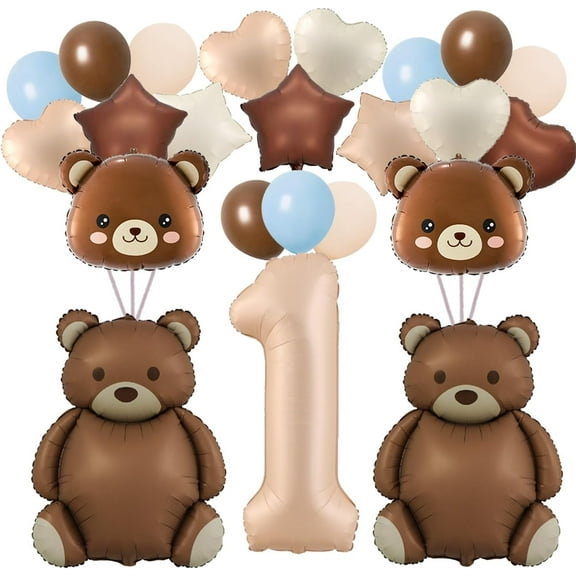 32 Pcs Bear Balloons, 1rd Number Balloons 40 inch Large Brown Bear Balloons Baby Shower Decorations Birthday Balloons Foil Animal Balloons for We Can Bearly Waits Theme Birthday Party Decor (1rd)