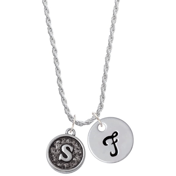 Delight Jewelry Silvertone Antiqued Round Seal - Initial - S - Silvertone Script Initial Disc - F - Charm Necklace, 20"+3"