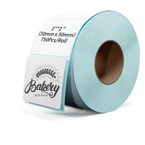 Rongta 2 x 2 Inch Square Direct Thermal Labels, 750 Labels per Roll, White Stickers, Strong Adhesive, for Barcodes and Product Packaging