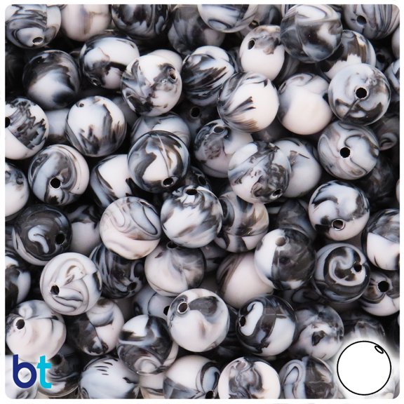 BeadTin Black & White Swirl Opaque 12mm Round Plastic Beads (75pcs)