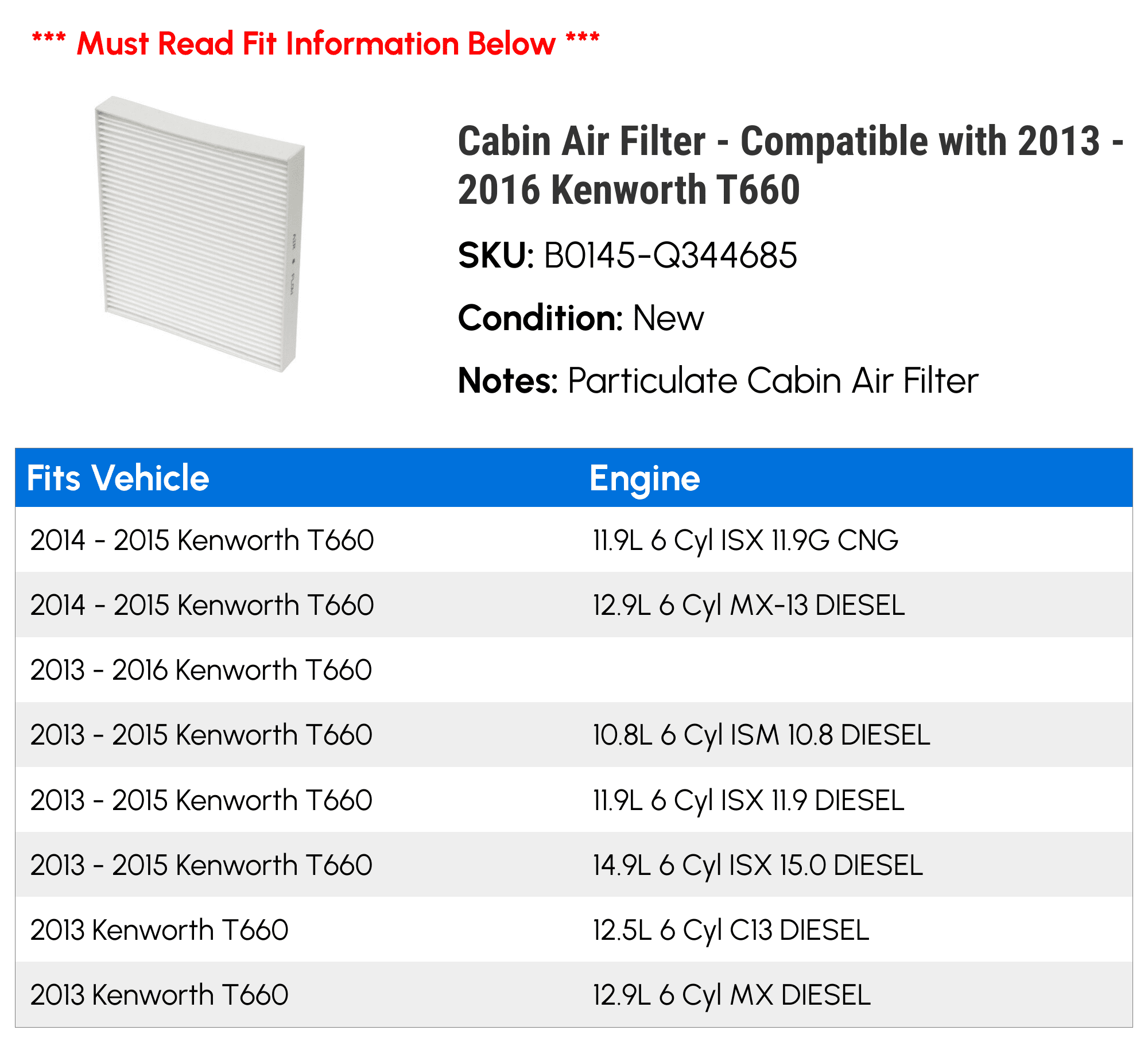 Cabin Air Filter - Compatible with 2013 - 2016 Kenworth T660 2014 2015