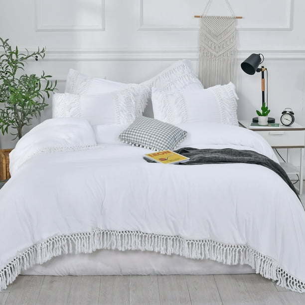 LadyAnn White Fringe Tassel King Size Comforter Set,3 Piece Girls