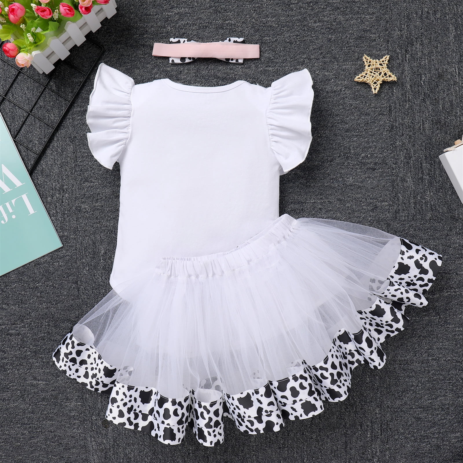 IBTOM CASTLE Baby Girl 1st Birthday Outfit Farm Cow Romper Tutu Skirt Headband Cake Smash Photo Shoot Clothes