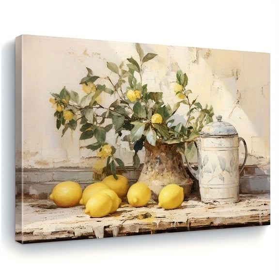 Framed, an Antique Lemon Still Life Canvas Print, Decorative Art Style Framed Wall Art, Modern Retro Lemon Fruit Painting, Indoor Decoration Poster Suitable for Living Room, Bedroom, Kitchen