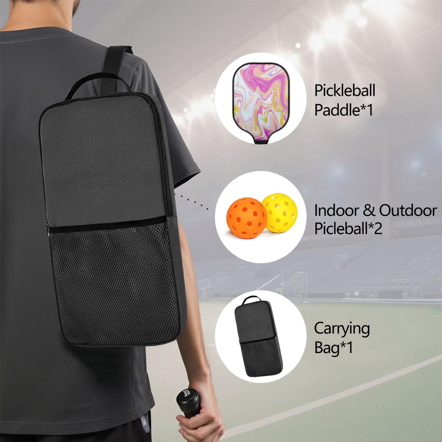 Pickleball Paddles Set Of 1, Fiberglass Surface, Liquid & Marble Print, 1 Paddles, 2 Balls & Bag