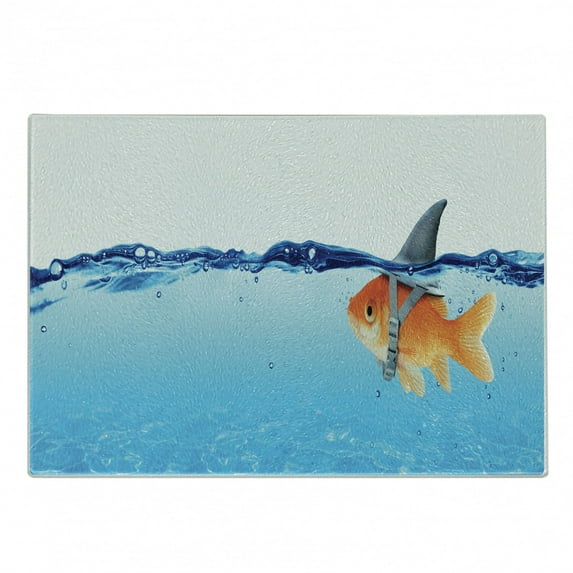 Goldfish Cutting Board, Small Fish with Ambitions of a Big Shark Business Concept, Decorative Tempered Glass Cutting and Serving Board, in 3 Sizes, by Ambesonne