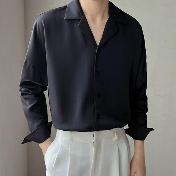 pstuiky Camisas casuales de manga larga para hombre, Camisa informal de verano para hombre, de seda helada, estilo maduro, color liso, cuello cubano, manga larga Tops casuales para hombres xl