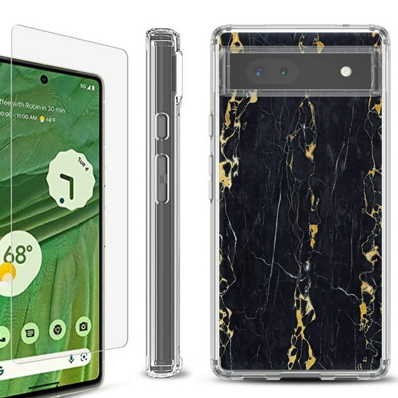 Shockproof Bumper Phone Case for Google Pixel 6a, with Tempered Glass Screen Protector, by OneToughShield ® - Marble / Gold/Black