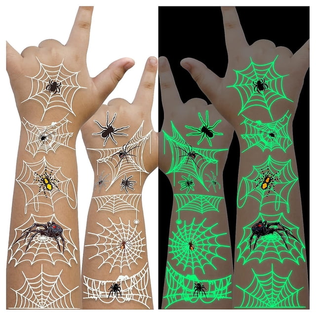 10 hojas de tatuajes temporales de telaraña brillante para decoraciones de Halloween, tatuajes de araña pequeños falsos para regalos de juegos de fiesta de Halloween, regalos de Halloween Gi