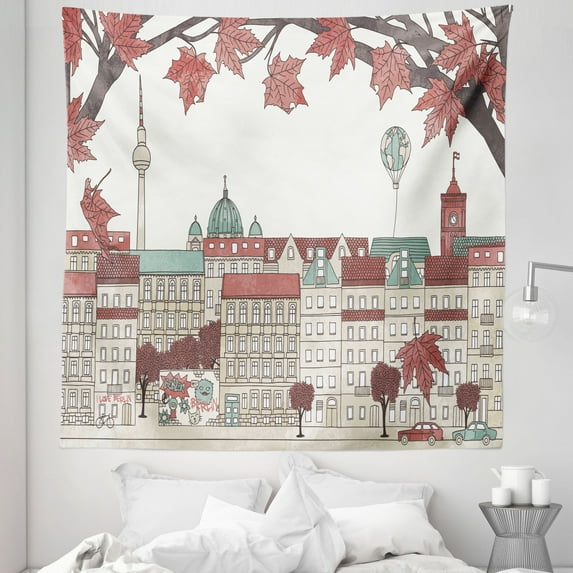 German Tapestry, Autumn in Berlin Colorful Hand Drawn Illustration of the Capital City of Germany, Fabric Wall Hanging Decor for Bedroom Living Room Dorm, 5 Sizes, Multicolor, by Ambesonne