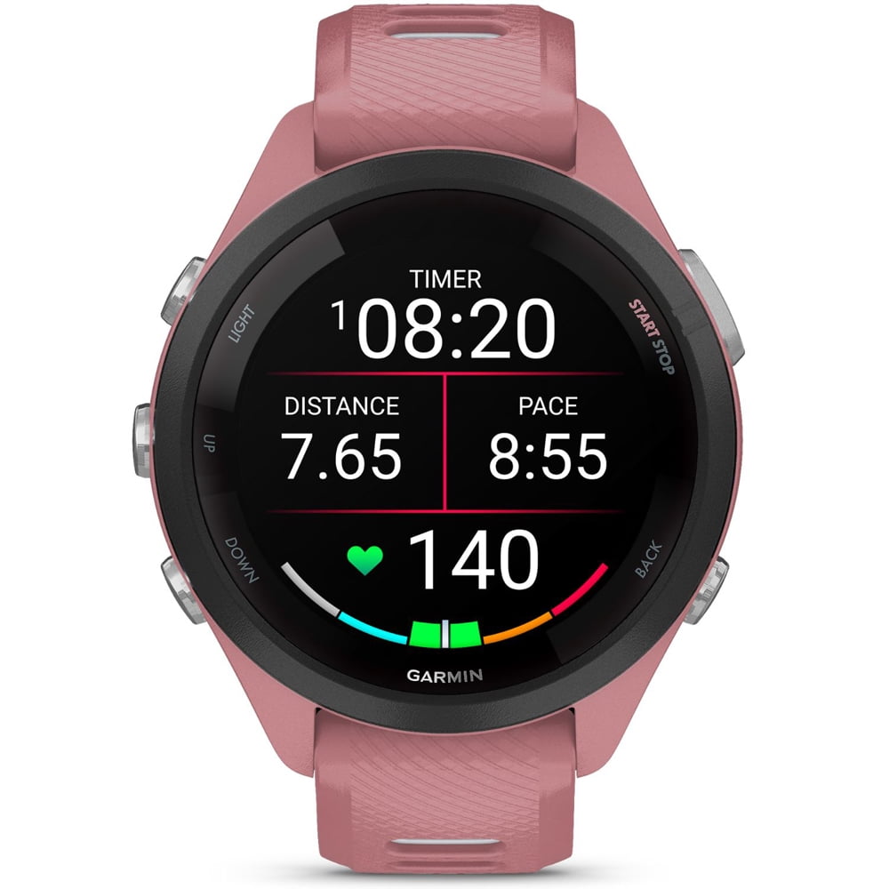 Garmin 010-02810-05 Forerunner 265S GPS Smartwatch, Light Pink/Whitestone Bundle with Workout Cooling Sport Towel + Deco Essentials Wearable Commuter Front & Rear Safety Light