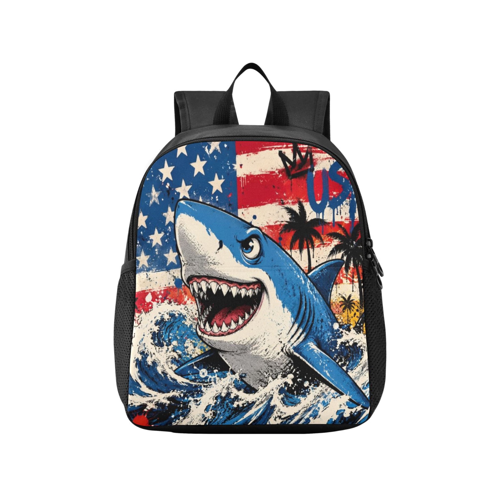 Toddler Backpack Graffiti Shark American Flag Art Waterproof Lightweight Backpack Casual Mini Daypack for Daycare & Travel