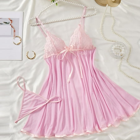 uublik Lingerie Women Valentine s Day Lace Dress Mesh Chemise Nightgown Sleepwear with Panty Pink L