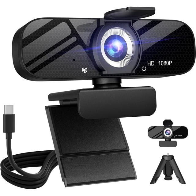 Full HD Webcam with Built-in Microphone and Rotatable Tripod, 4K Video and Wide Angle Camera, Privacy Cover, for Desktop PC or Laptop Computer