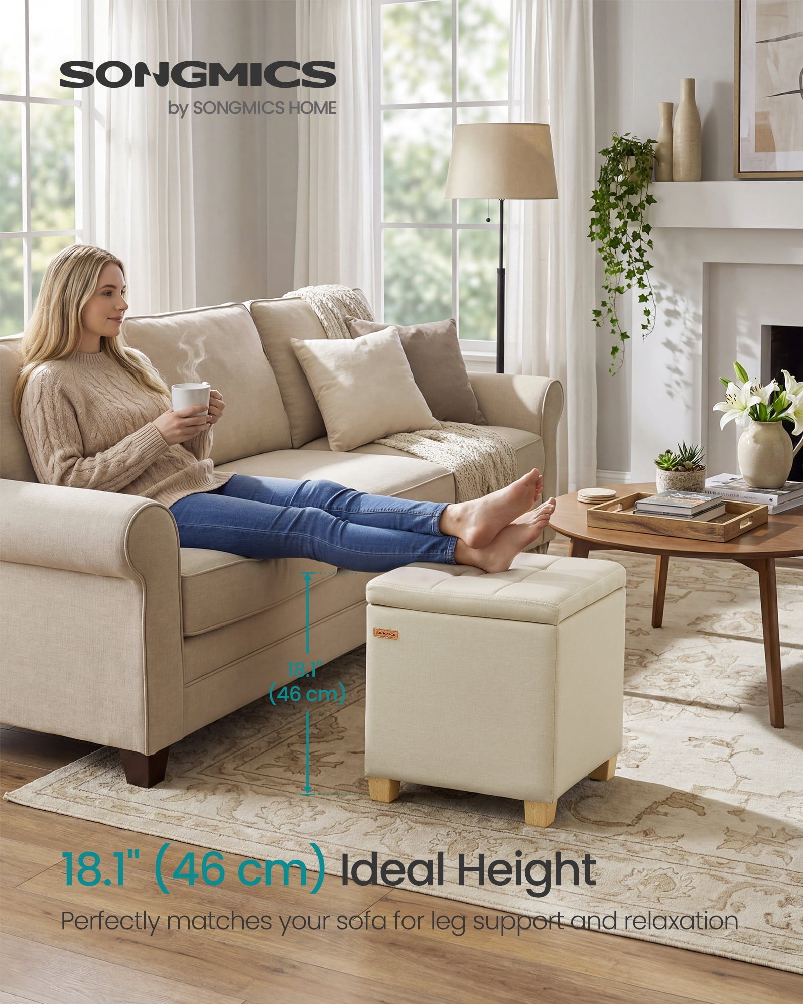 SONGMICS Square Storage Ottoman, Foot Stool Footrest with Legs, Ottoman Cube, 16.9 x 16.9 x 18.1 Inches, Linen-Look Fabric, Summer Sand