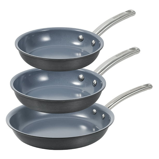 BLACK+DECKER Juego de 3 Piezas de Sartenes de Aluminio Anodizado Duro de Cerámica, Juego de Sartenes con Recubrimiento Antiadherente de Cerámica