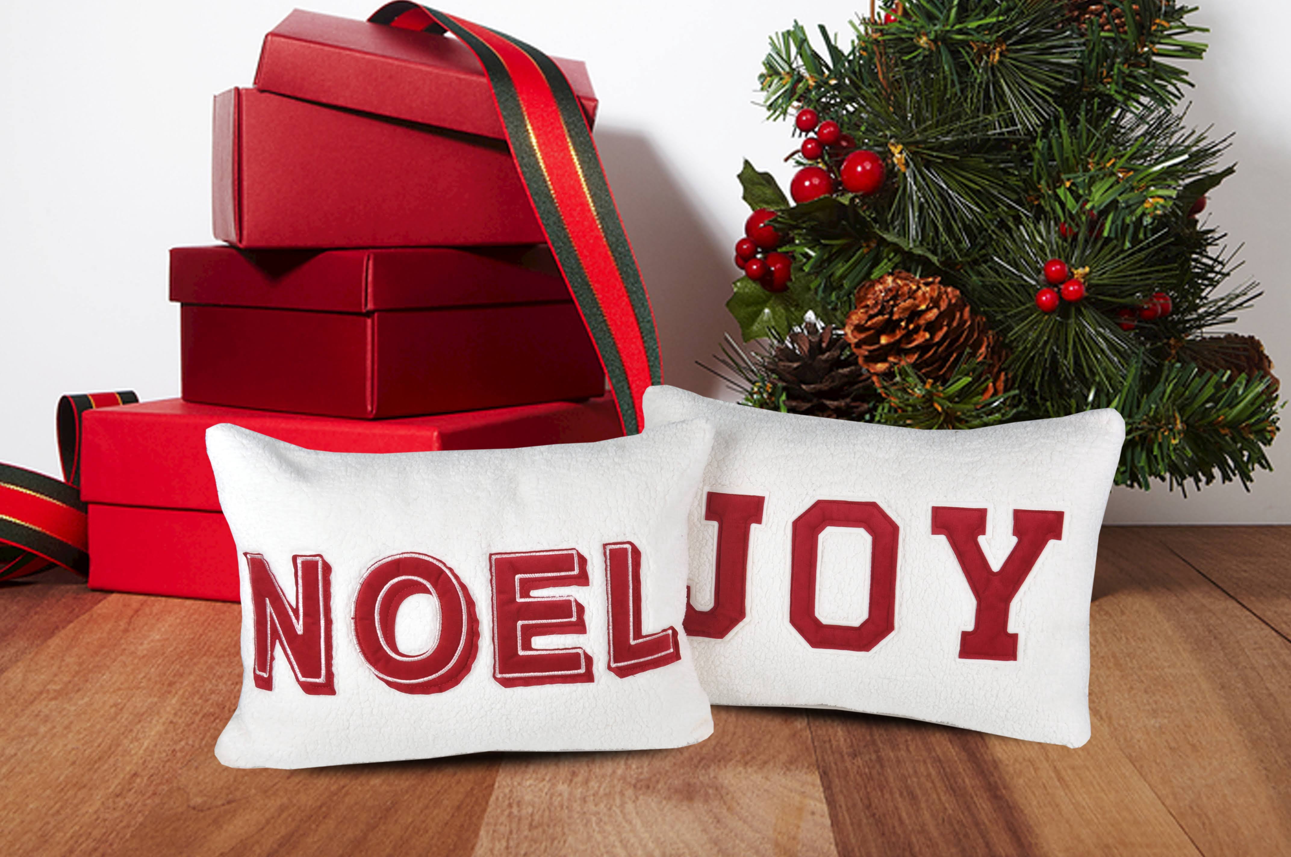 Noel Sherpa Throw Pillow with Red Stitching 14x20 Inch Cozy Christmas Holiday Decor