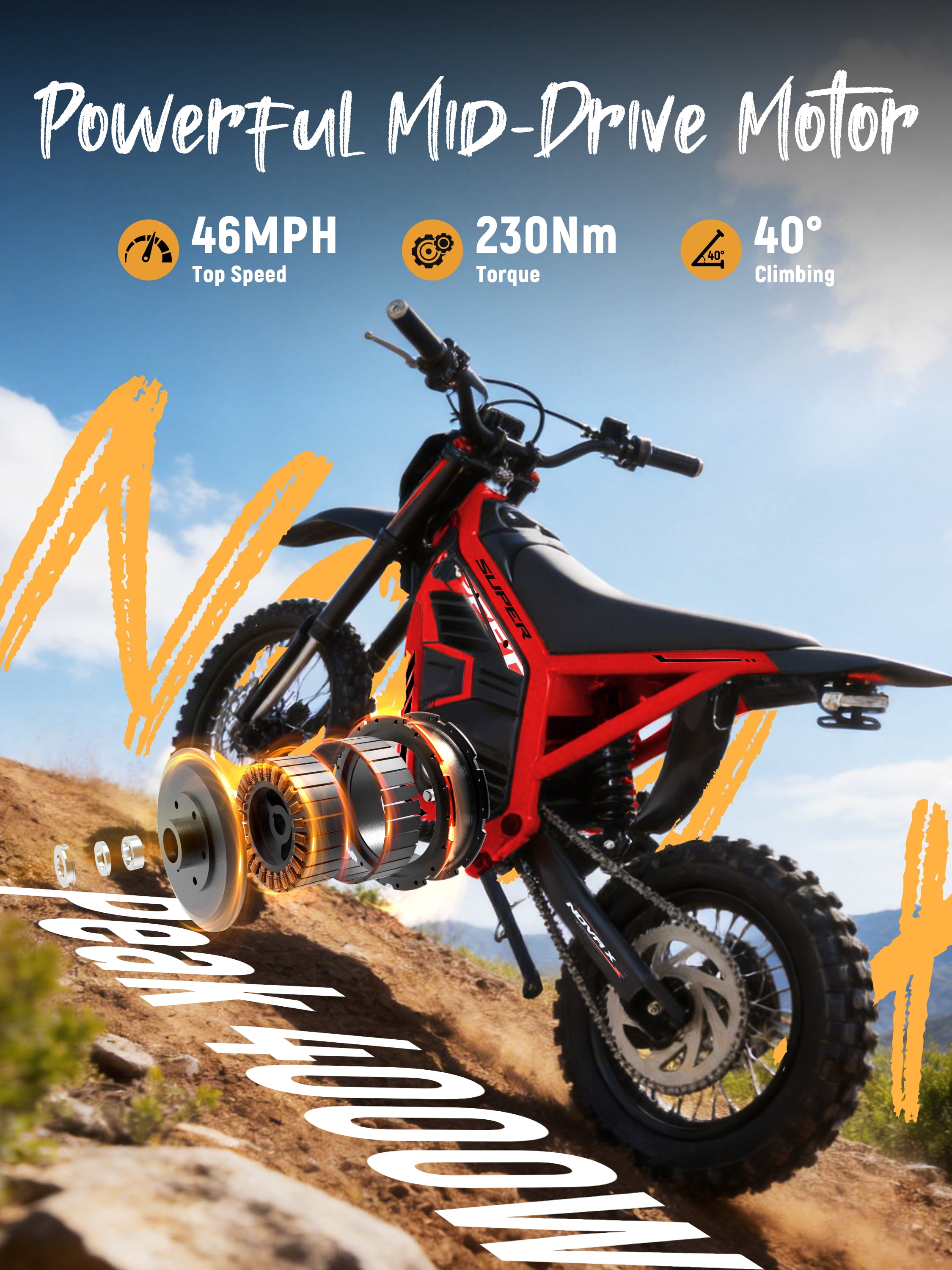ESKUTE NovaX Electric Dirt Bike for Teens & Adults, 4000W Peak Mid-Drive Motor, 35-46 MPH Off-Road E-Bike, 48V 22.8Ah Battery, 14"/12" Wheels, Hydraulic Dual Shock Suspension Red, UL2849