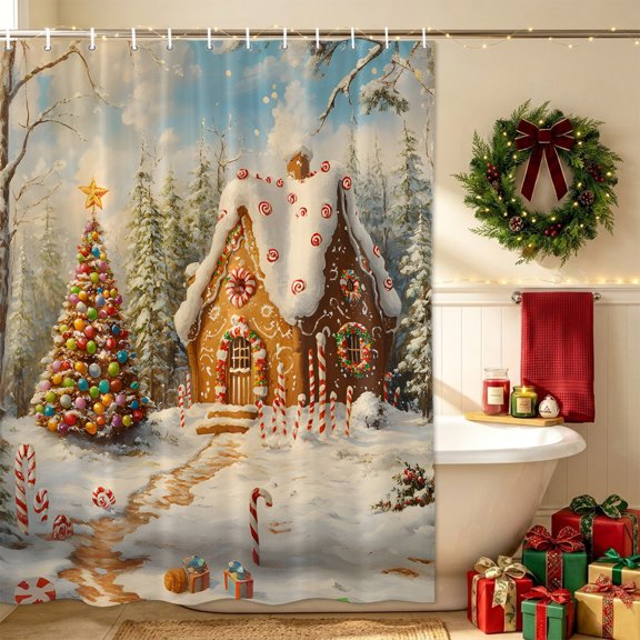 Bathroom Shower Curtain Christmas Tree Canes House Xmas Balls Waterproof Shower Curtains with Hooks, Winter Snow Scene Bath Curtains Bathtub Curtain Home Decor 48x72in
