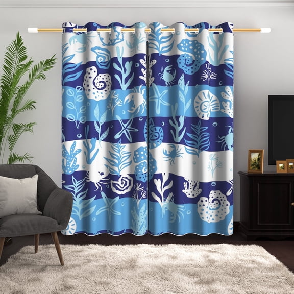 Lfeey Ocean Theme Curtains, Insulated Grommet Curtains 42x63 inches for Bedroom Darkening Blackout Curtains, Blue, 2 Piece
