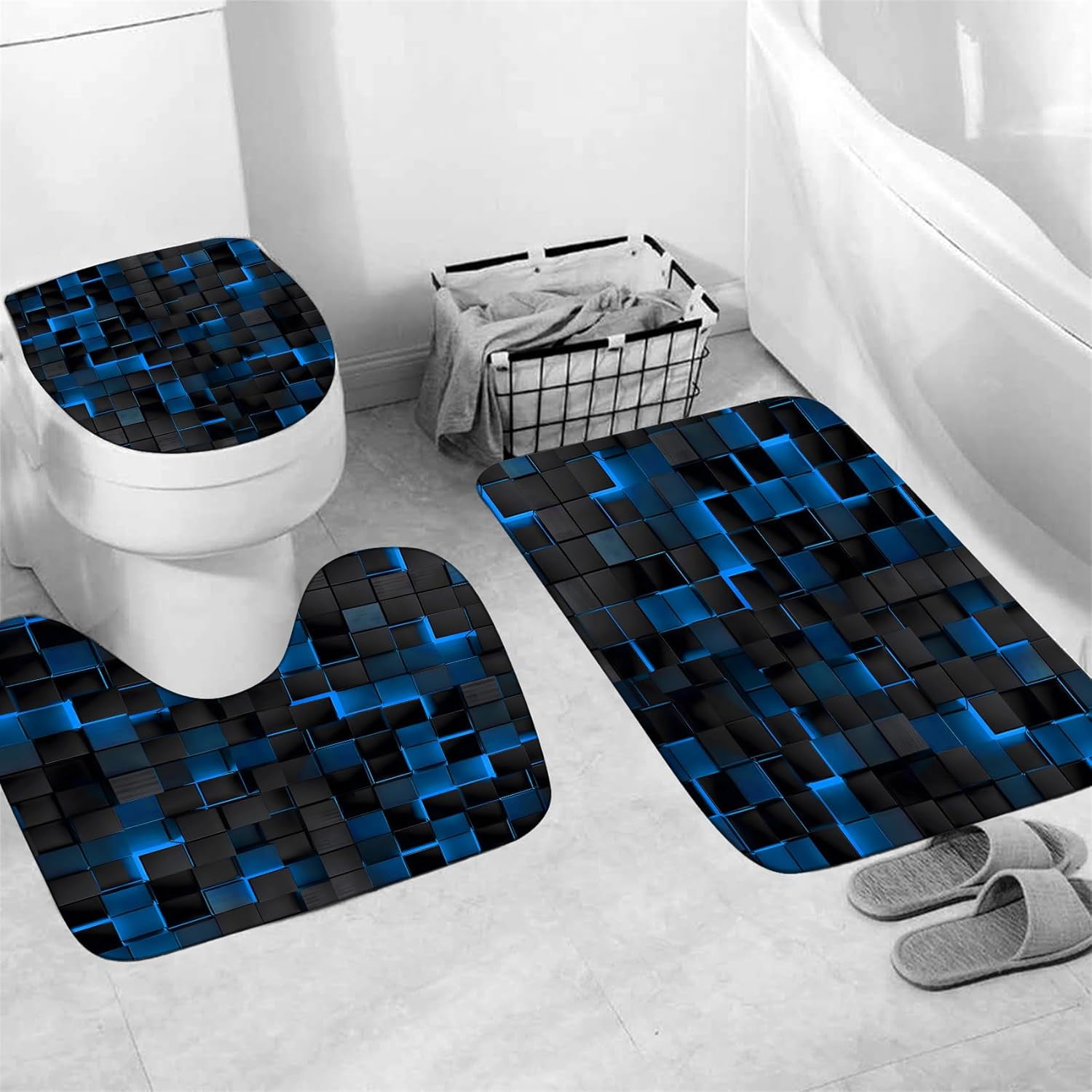 4Pcs Blue Shower Curtain Set 3D Cubes Bathroom Sets Modern Shower Curtain Set for Bathroom Sets with Rugs Black and Blue Shower Curtain with 12 Hooks