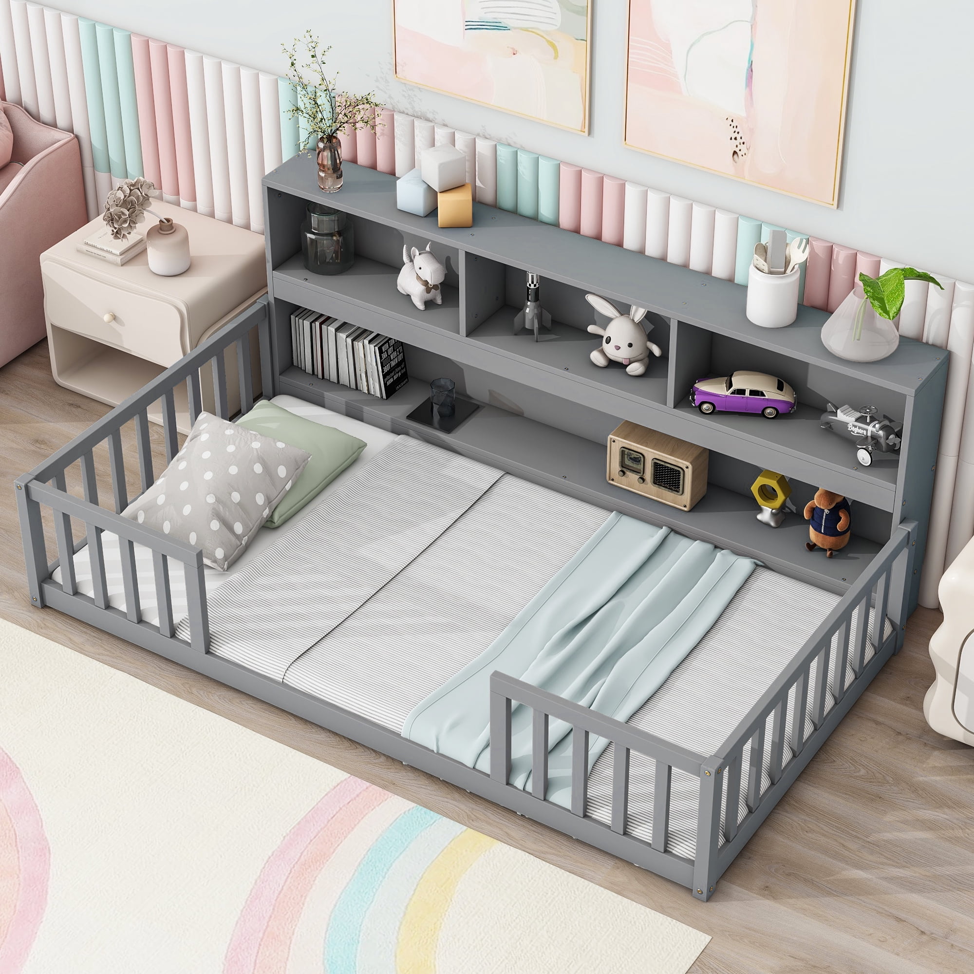 Yoneston Kids Twin Size Floor Bed Frame with Bedside Bookcase Storage Shelves and Guardrails for Toddlers Boys Girls Bedroom Furniture, Gray