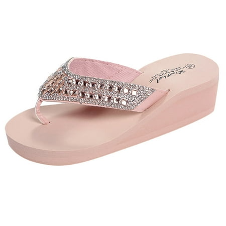 

Summer Slippers Fashion Rhinestones Wedges Flip Flops Women s Casual Beach Shoes Pu Pink Flip Flops for Women
