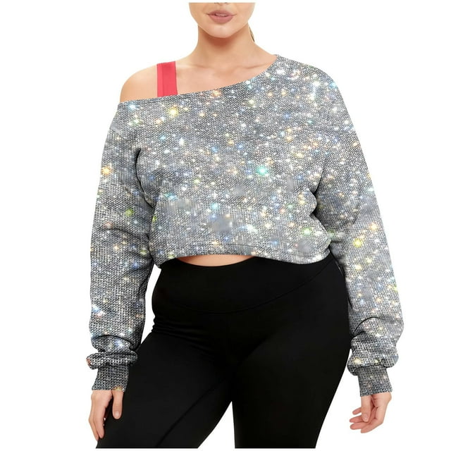 HongQid Off The Shoulder Tops for Women Cropped Sweatshirt Long Sleeve Top Asymmetrical Patchwork Shirt