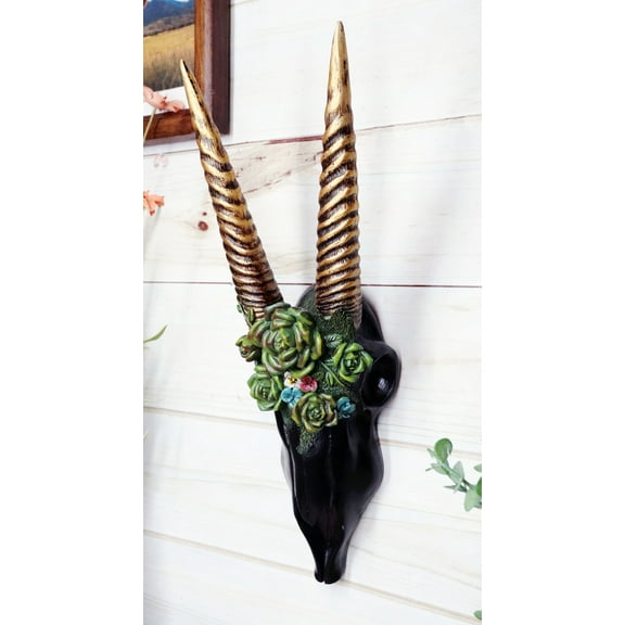 Western Rustic Black Rhim Gazelle Antelope Skull With Roses Wall Trophy Decor