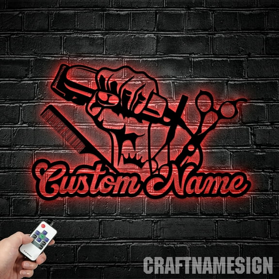 Craftnamesign Personalized Barber Metal Wall Art With LED Light, Custom Barber Shop Name Sign