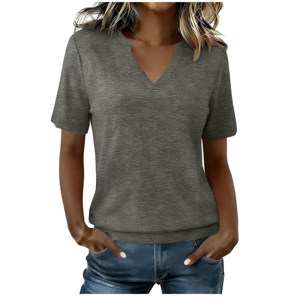 cocolona Summer Basic Tops for Women V Neck Short Sleeve Cinched Hem Shirts Dressy Casual Solid Color Blouses