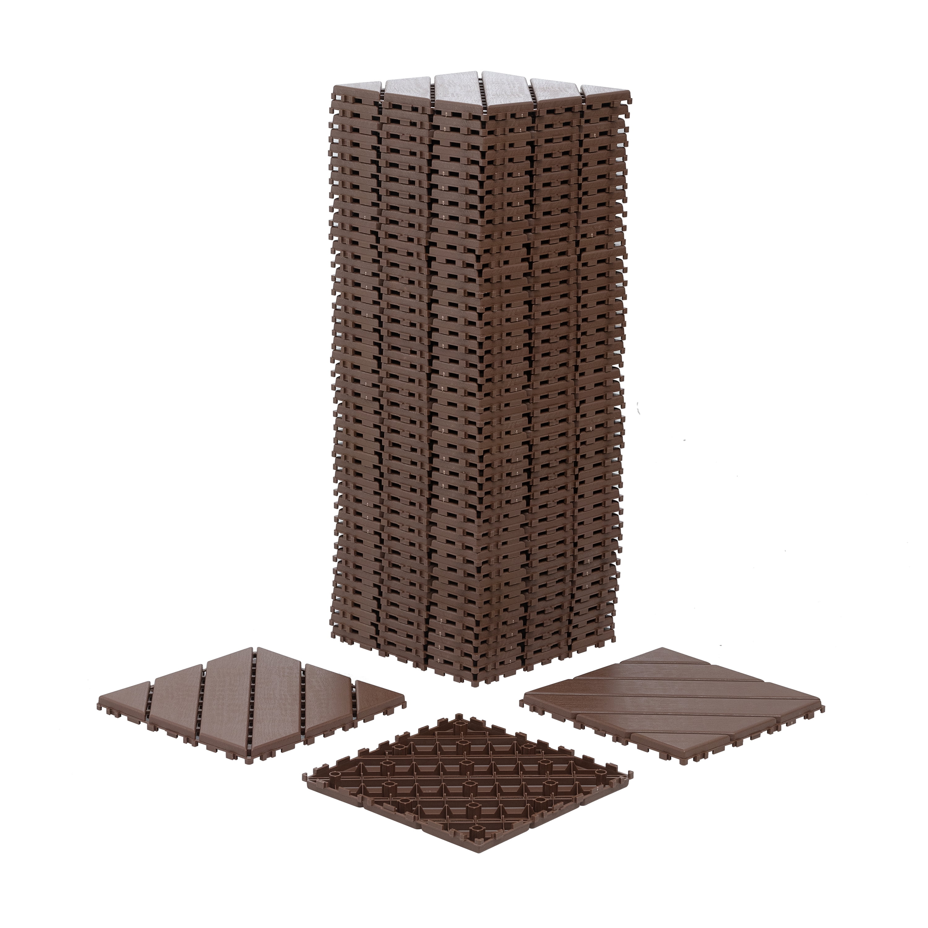 Plastic Interlocking Deck Tiles Set of 44 12x12 Inch, Square Waterproof Outdoor All Weather Tiles for Poolside, Brown