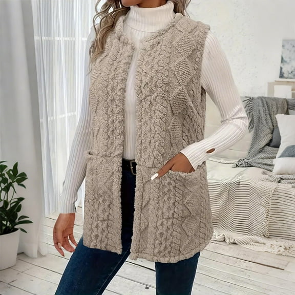 Pincandy Womens Cable Knit Sweater Vest Trendy Oversized Sleeveless Open Front Fall Winter Cardigan Sweaters Tops with Pockets