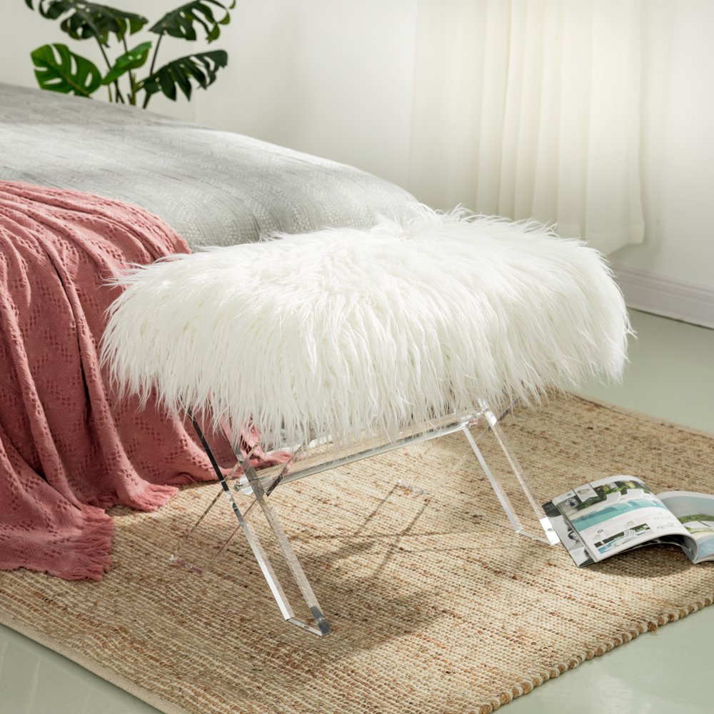 Glitzhome 25.6"L Faux Fur Upholstered Bench with Acrylic XLeg