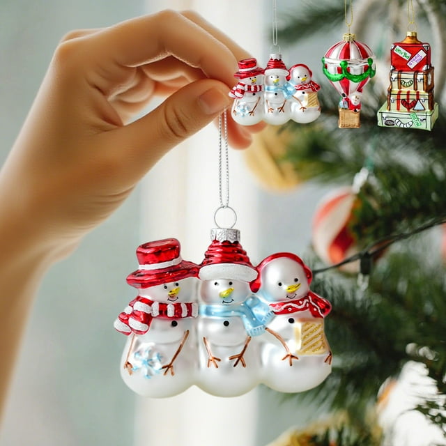 Set de adornos de cristal navideño | Muñeco de nieve y diseño de árbol | Decoración de casas navideñas | Coleccionable festivo artesanal | Centro de mesa elegante de 9,8 cm | Escaparate | Caja de