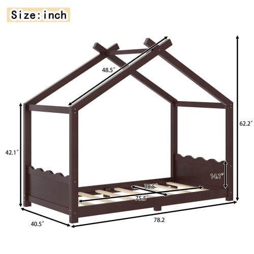 Twin Size House Floor Bed with Roof, Floor Bed with Slats Support, Low Profile House Bed with Headboard & Footboard, Twin Size Platform Bed, Espresso