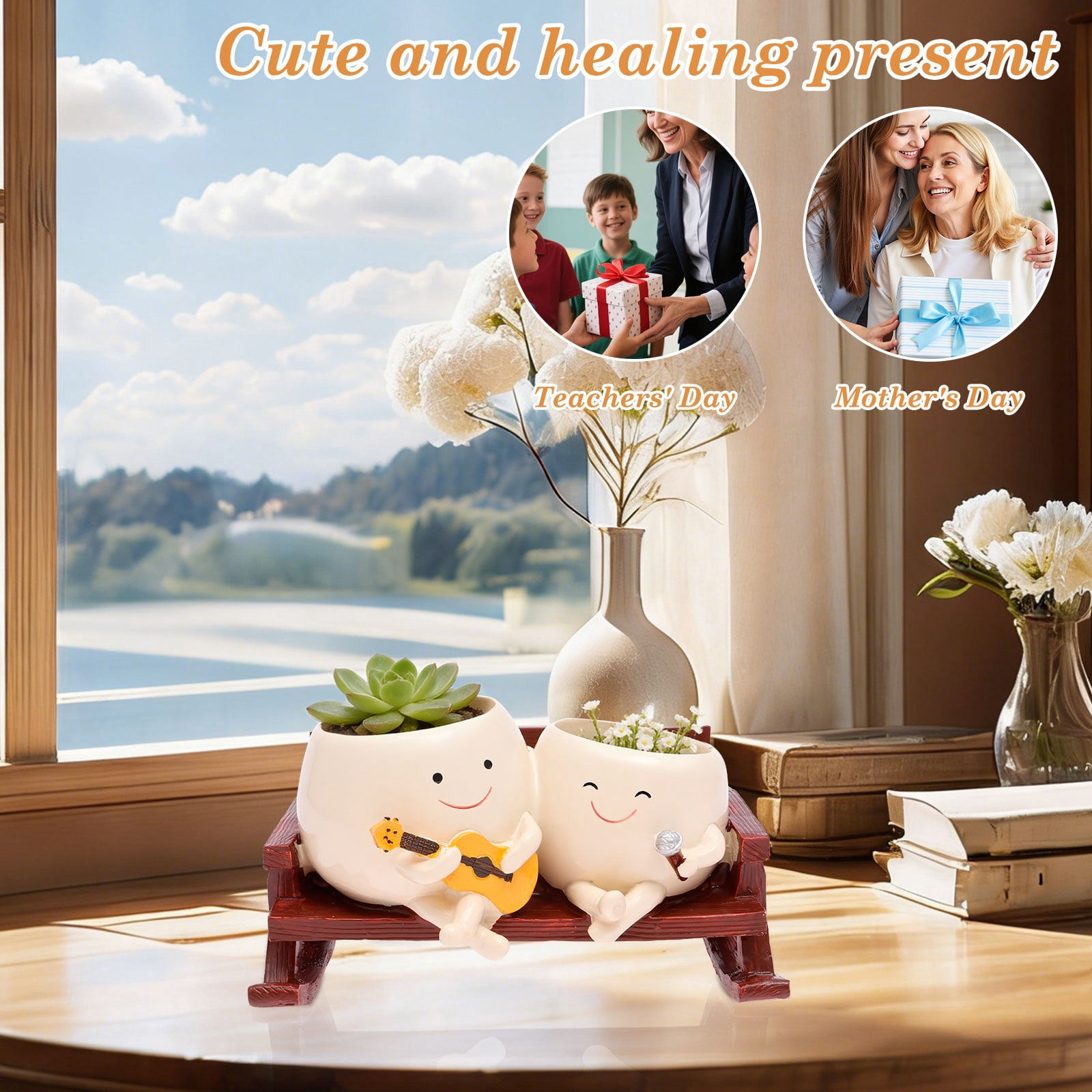 Smily Face Planter Pot Cute Resin Flower Head Planters for Indoor Outdoor Unique Sit Rocking Chair Succulent Pots Gift IdeaI